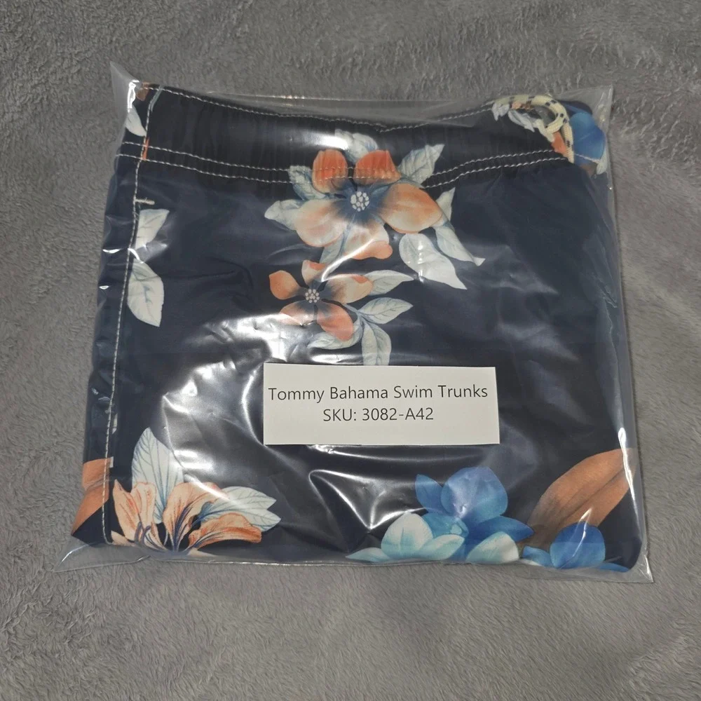 Tommy Bahama Navy Floral Swim Trunks with Blue & Orange Flowers